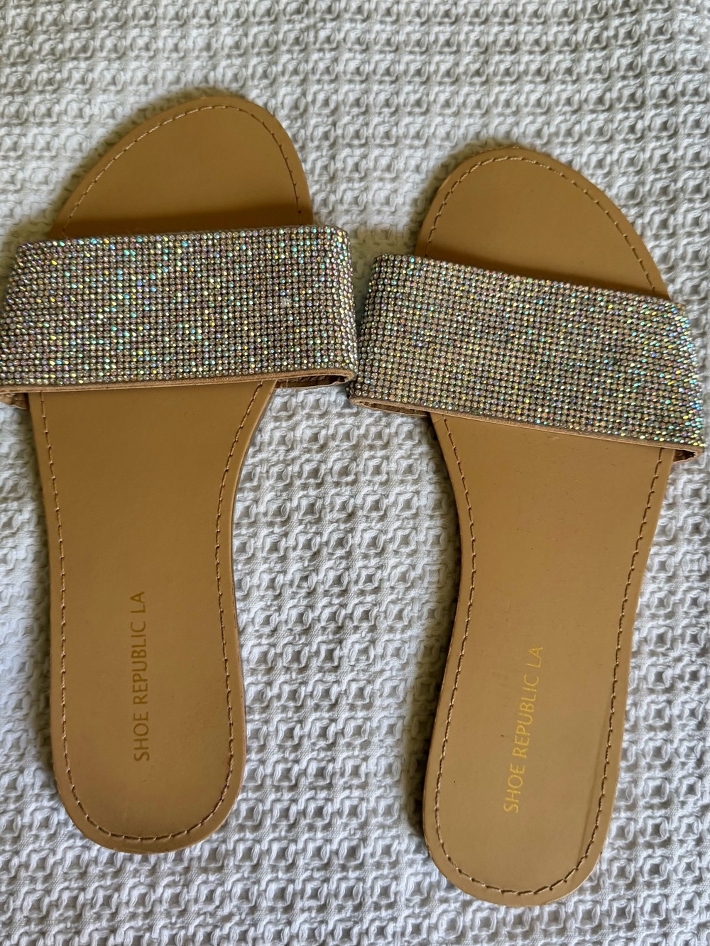 Shoe Republic LA Tan Slide Sandals with Sparkling Crystal Strap